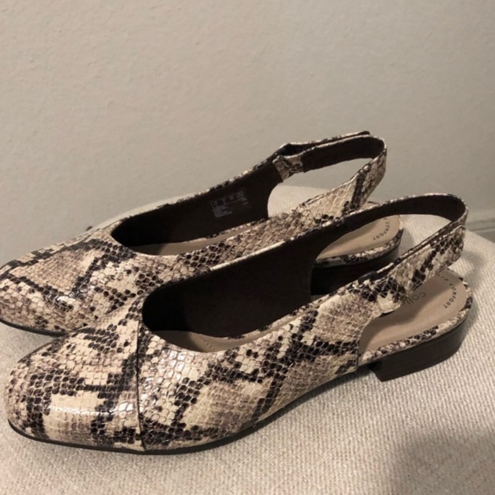 Clarks collection taupe snake New sling back shoes.